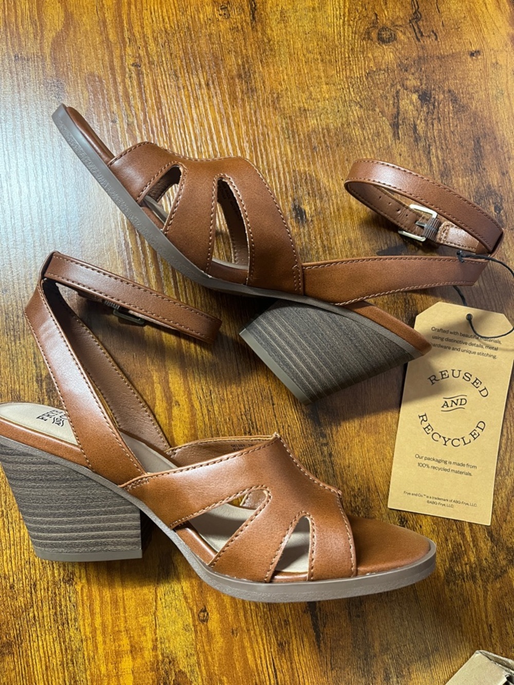 Frye and Co. Women's Tan Vegan Leather Ankle-Strap Wedge Sandals. Size 7.